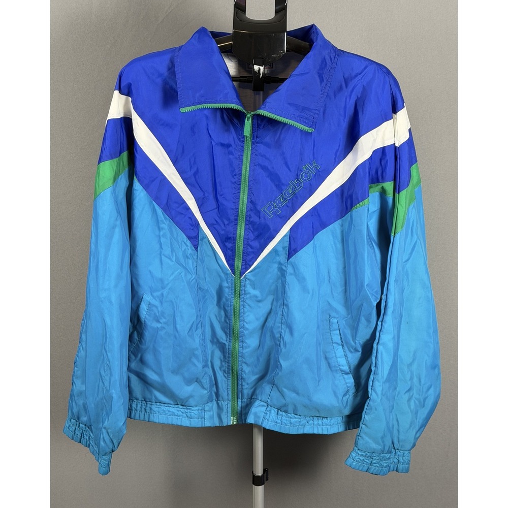 Vintage Reebok Sport Jacket Mens XL Blue Green Nylon‎ Colorblock Windbreaker 90s